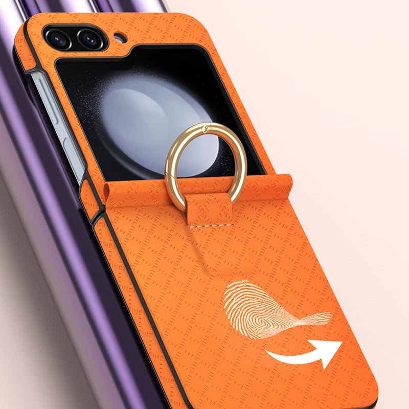 GKK For Samsung Galaxy Z Flip5 5G Hard PC PU Phone Case Grids Imprinted Slim Phone Cover with Ring Finger Holder GKK For Samsung Galaxy Z Flip5 5G Hard PC PU Phone Case Grids Imprinted Slim Phone Cover with Ring Finger Holder